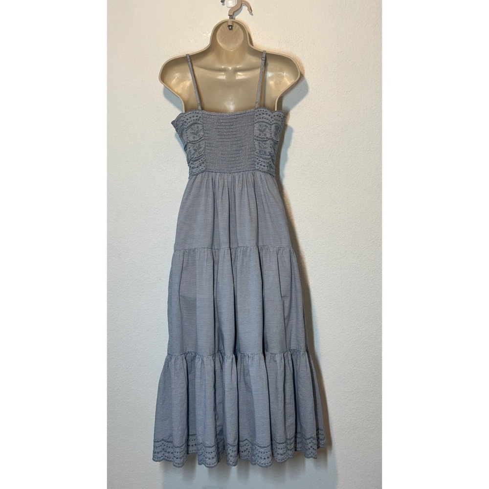 Blue Pinstripe Eyelet Tiered Midi Dress Smocked Back Pockets S Boho Cottagecore - Picture 2 of 8